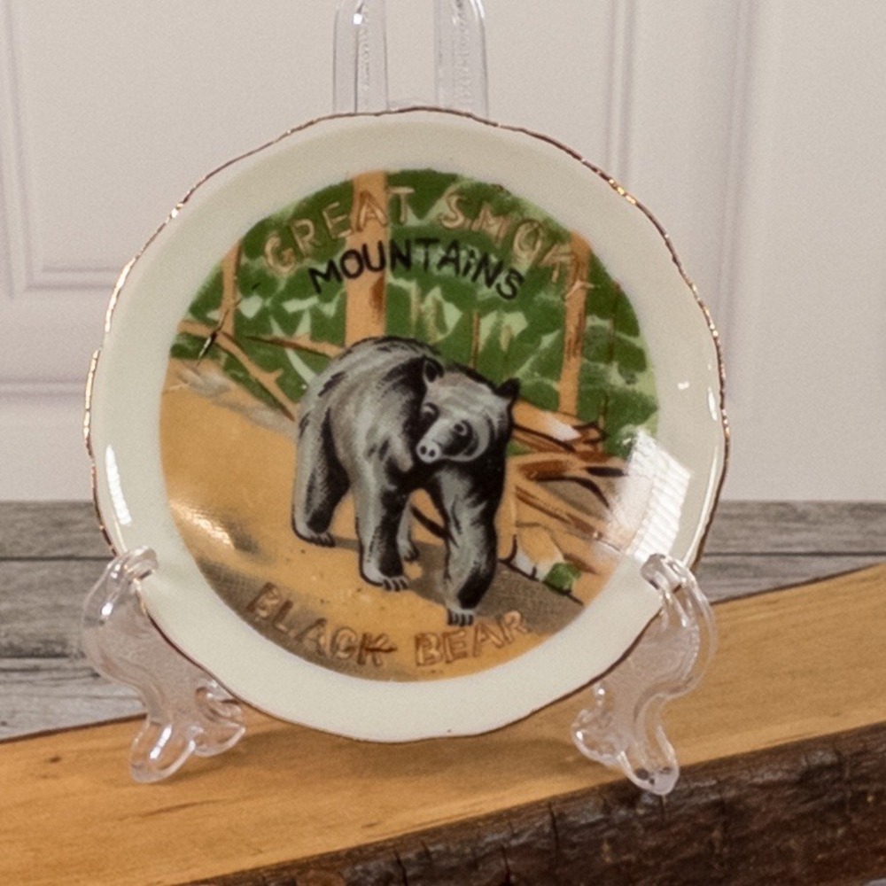 Vintage Great Smoky Mountains Black Bear Mini Souvenir Plate Japan with Stand